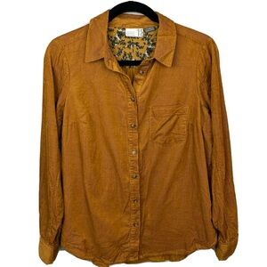 ANTHROPOLOGIE Building From The Heart Button-Down Mustard Corduroy Shirt Size 12
